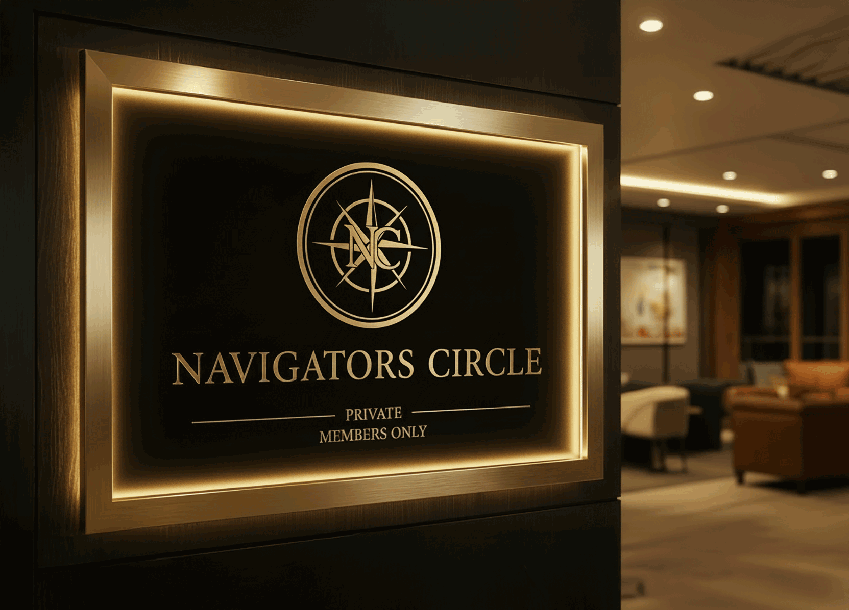 Schild des KURS NORD Navigators Circle in der Lobby eines Tagungsraumes. Die Optik des Schildes ist ein beleuchteter Messingrahmen. Das Schild zeigt die Kompassrose ls Erkennungszeichen des Navigators Circle mit darunterliegender Schrift Navigators Circle, Private Members Only. Die Wand, an der das Schild hängt, ist aus dunklem Holz.